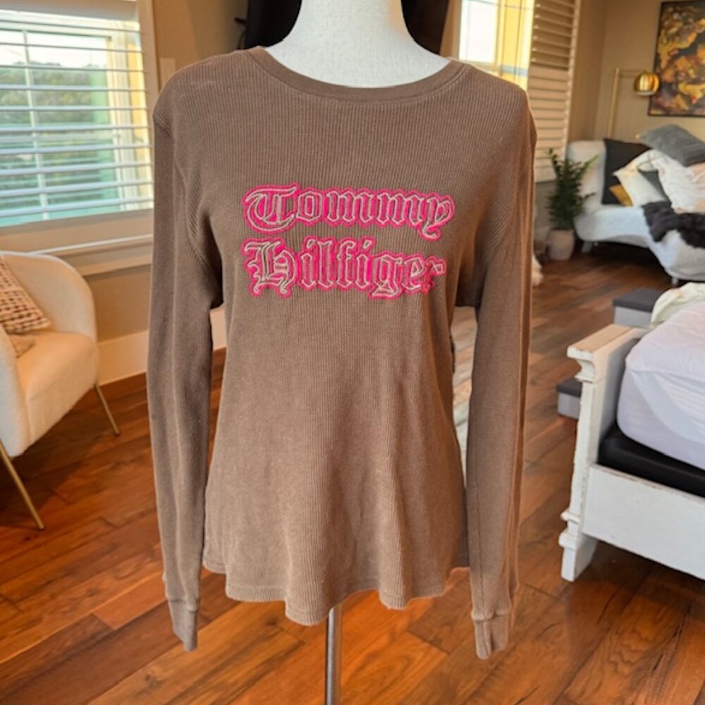 Tommy Hilfiger Brown Waffle-Knit Thermal Long Sleeve Shirt – XL Embroidered Y2K